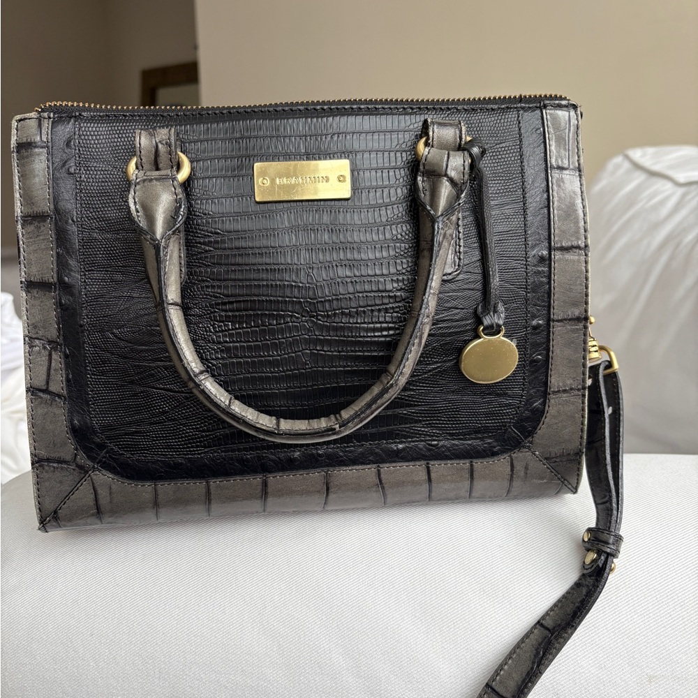 Brahmin Black and Sage Shoulder Bag with Crocodile Texture